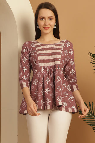 Dusty Mauve  Pure Cotton Floral Printed Short Top