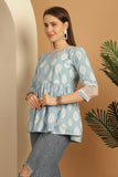 Sky Blue Pure Cotton Block Printed Short Top