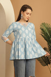 Sky Blue Pure Cotton Block Printed Short Top