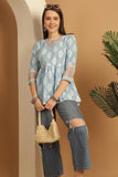 Sky Blue Pure Cotton Block Printed Short Top