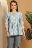 Sky Blue Pure Cotton Block Printed Short Top