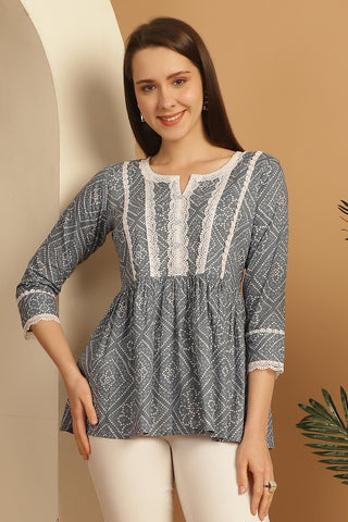 Grey & White Pure Cotton Bandhani Printed Short Top