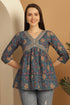 Teal Blue Pure Cotton Floral Printed Short Top