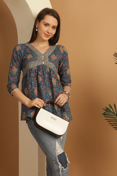 Teal Blue Pure Cotton Floral Printed Short Top