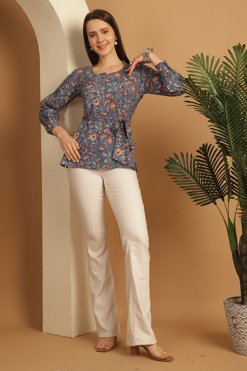 Blue Pure Cotton Floral Printed Short Top