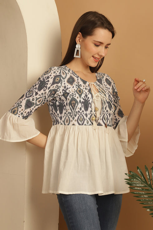Grey & White Pure Cotton Block Printed Short Top
