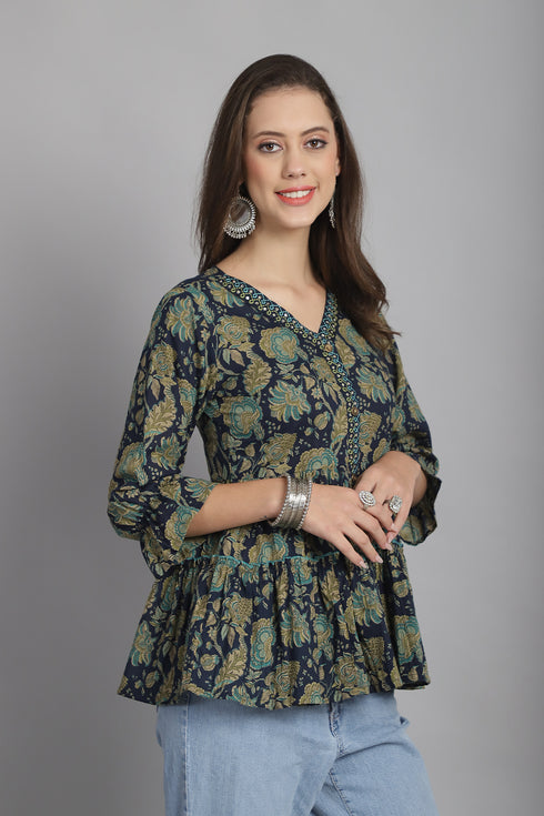Navy Blue Pure Cotton Floral Printed Short Top