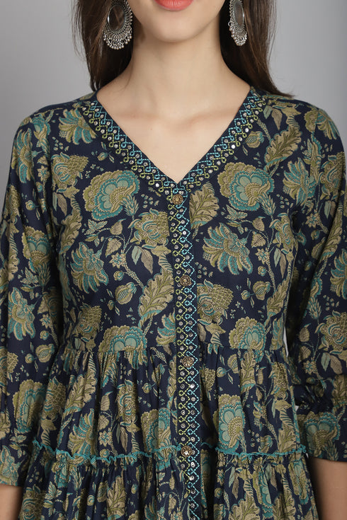 Navy Blue Pure Cotton Floral Printed Short Top