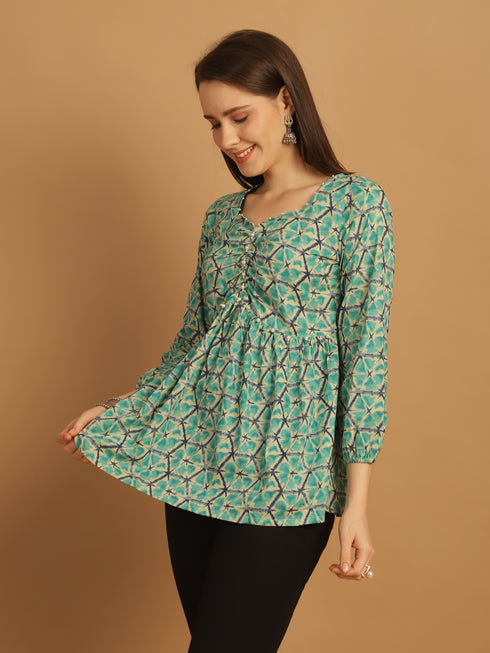 Teal Blue Pure Cotton Geometric Print Short Top