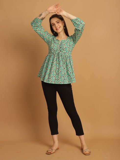 Teal Blue Pure Cotton Geometric Print Short Top