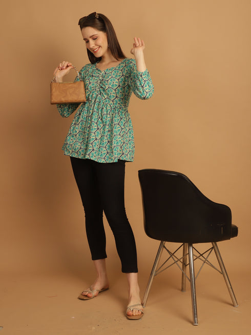 Teal Blue Pure Cotton Geometric Print Short Top