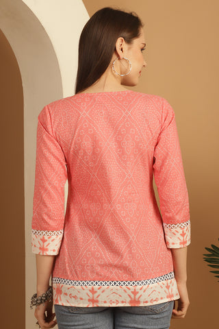 Peach Pure Cotton Bandhani Printed Short Top