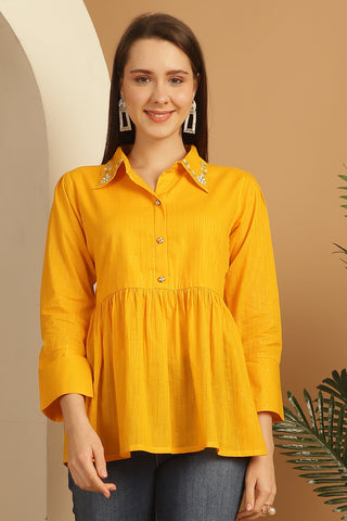 Yellow Pure Cotton Embroidered Short Top