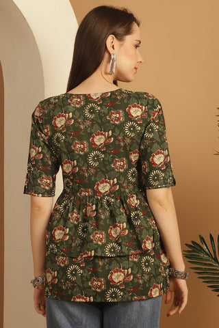 Green Pure Cotton Floral Printed Short Top