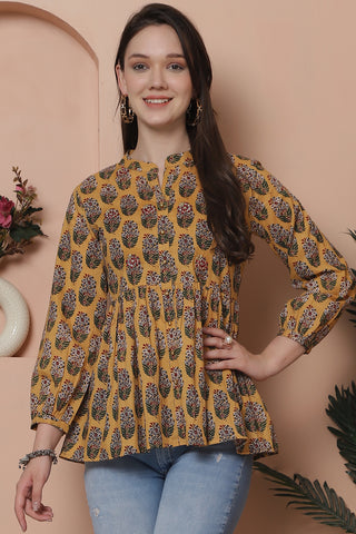 Mustard Pure Cotton Floral Printed Short Top