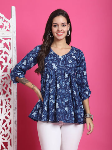 Blue Pure Cotton Floral Printed Short Top