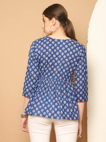 Blue Pure Cotton Floral Printed Short Top