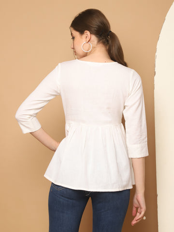 White Pure Cotton Embroidered Short Top