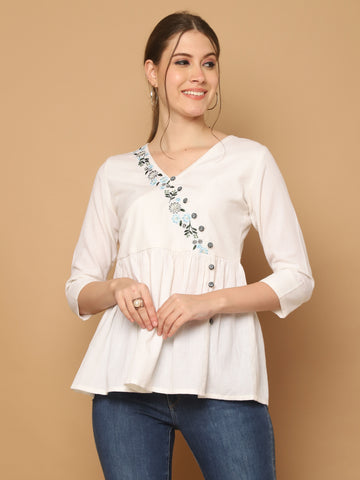 White Pure Cotton Embroidered Short Top