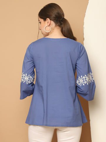 Blue Pure Cotton Embroidered Short Top