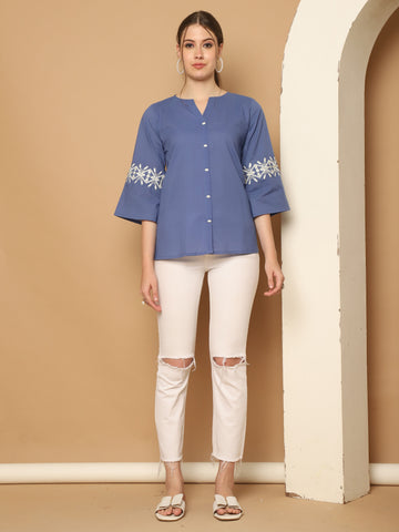 Blue Pure Cotton Embroidered Short Top