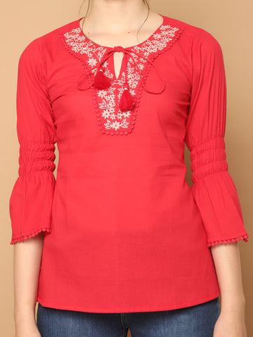 Rani Pink Pure Cotton Embroidered Short Top