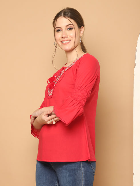 Rani Pink Pure Cotton Embroidered Short Top