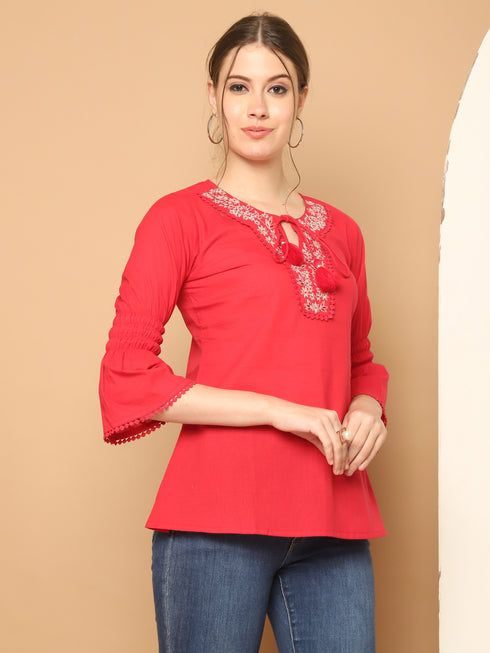 Rani Pink Pure Cotton Embroidered Short Top