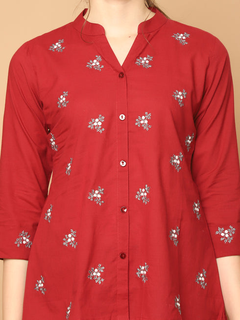 Maroon Pure Cotton Embroidered Short Top