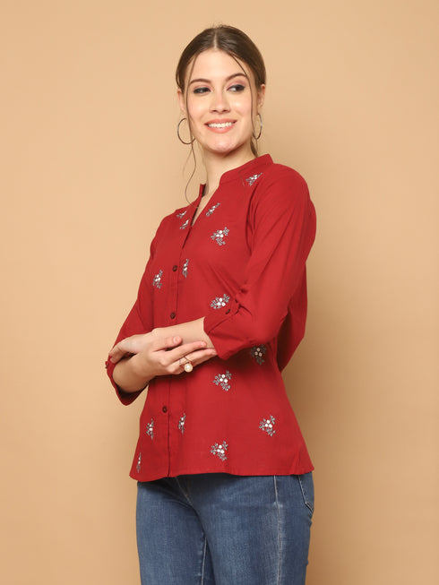 Maroon Pure Cotton Embroidered Short Top