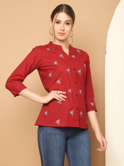 Maroon Pure Cotton Embroidered Short Top