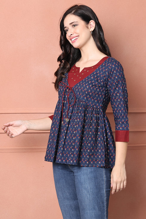 Navy Blue & Maroon Pure Cotton Floral Printed Short Top