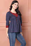 Navy Blue & Maroon Pure Cotton Floral Printed Short Top