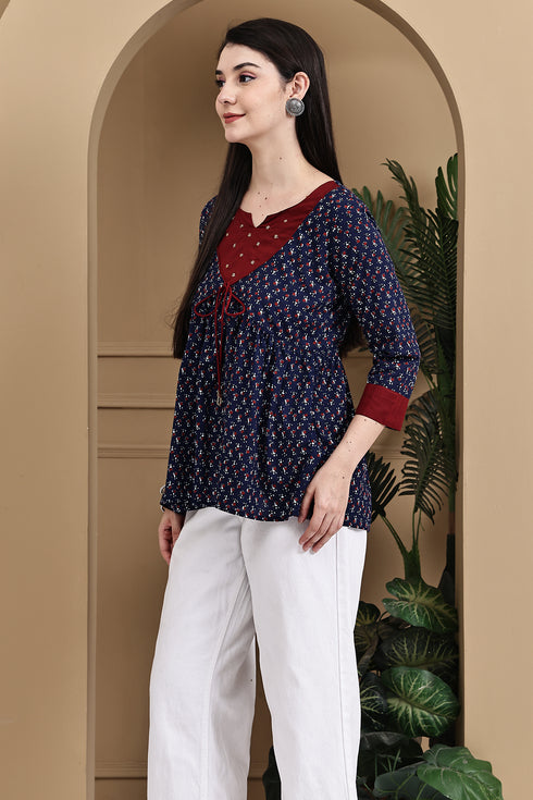 Navy Blue & Maroon Pure Cotton Floral Printed Short Top