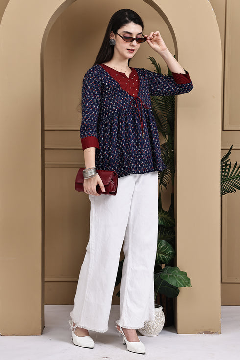 Navy Blue & Maroon Pure Cotton Floral Printed Short Top