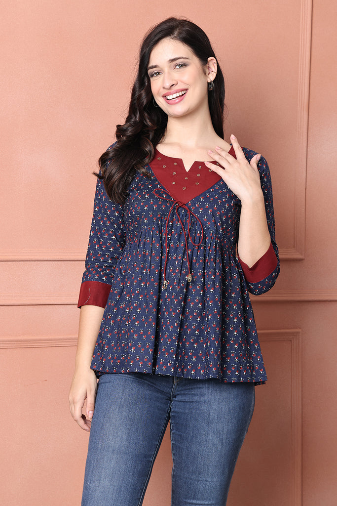 Navy Blue & Maroon Pure Cotton Floral Printed Short Top