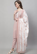 Load image into Gallery viewer, Light Brown Pure Cotton Jaipuri Printed Kurta Set With Dupatta