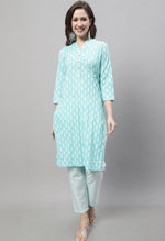 Load image into Gallery viewer, Light Green Pure Cotton Jaipuri Printed Kurta Set With Dupatta
