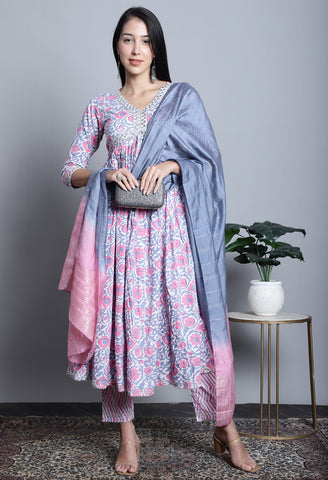 Pure Cotton Jaipuri Printed And Embroidered Kurta Set With Dupatta