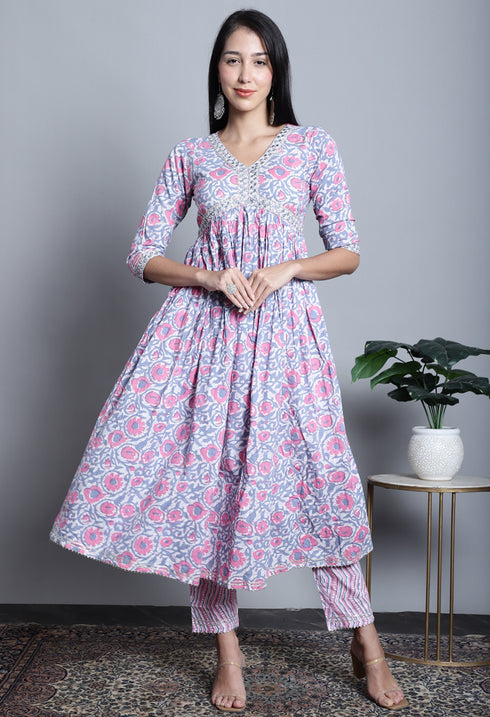 Pure Cotton Jaipuri Printed And Embroidered Kurta Set With Dupatta