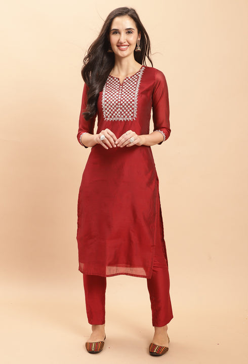 Pure Chanderi Silk With Inner  Embroidered Kurta Set With Dupatta