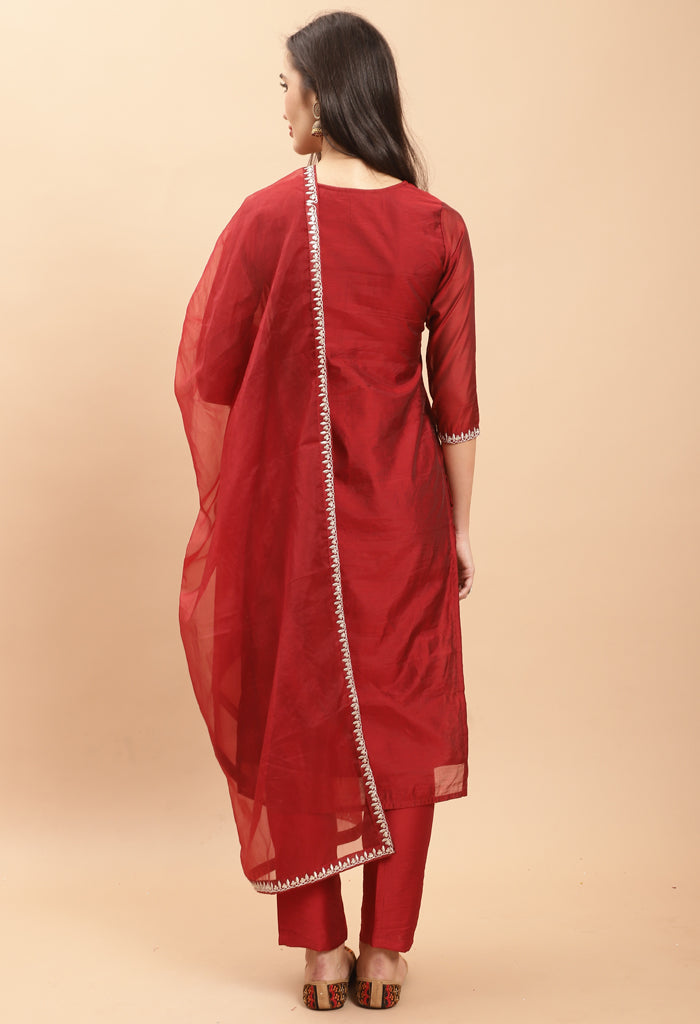 Pure Chanderi Silk With Inner  Embroidered Kurta Set With Dupatta