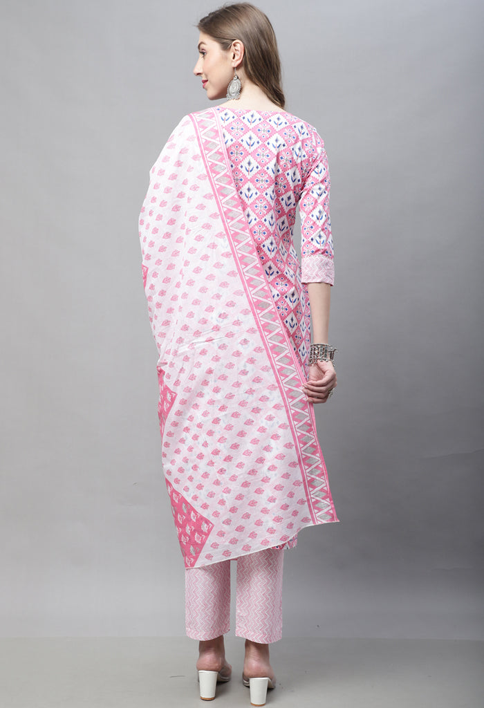 Light Pink Pure Cotton Jaipuri Printed And Embroidered Kurta Set With Dupatta