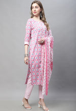 Load image into Gallery viewer, Light Pink Pure Cotton Jaipuri Printed And Embroidered Kurta Set With Dupatta