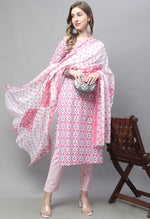 Load image into Gallery viewer, Light Pink Pure Cotton Jaipuri Printed And Embroidered Kurta Set With Dupatta