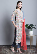 Load image into Gallery viewer, White Pure Cotton Jaipuri Printed And Embroidered Kurta Set With Dupatta
