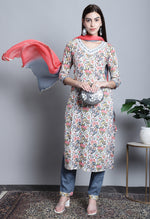 Load image into Gallery viewer, White Pure Cotton Jaipuri Printed And Embroidered Kurta Set With Dupatta
