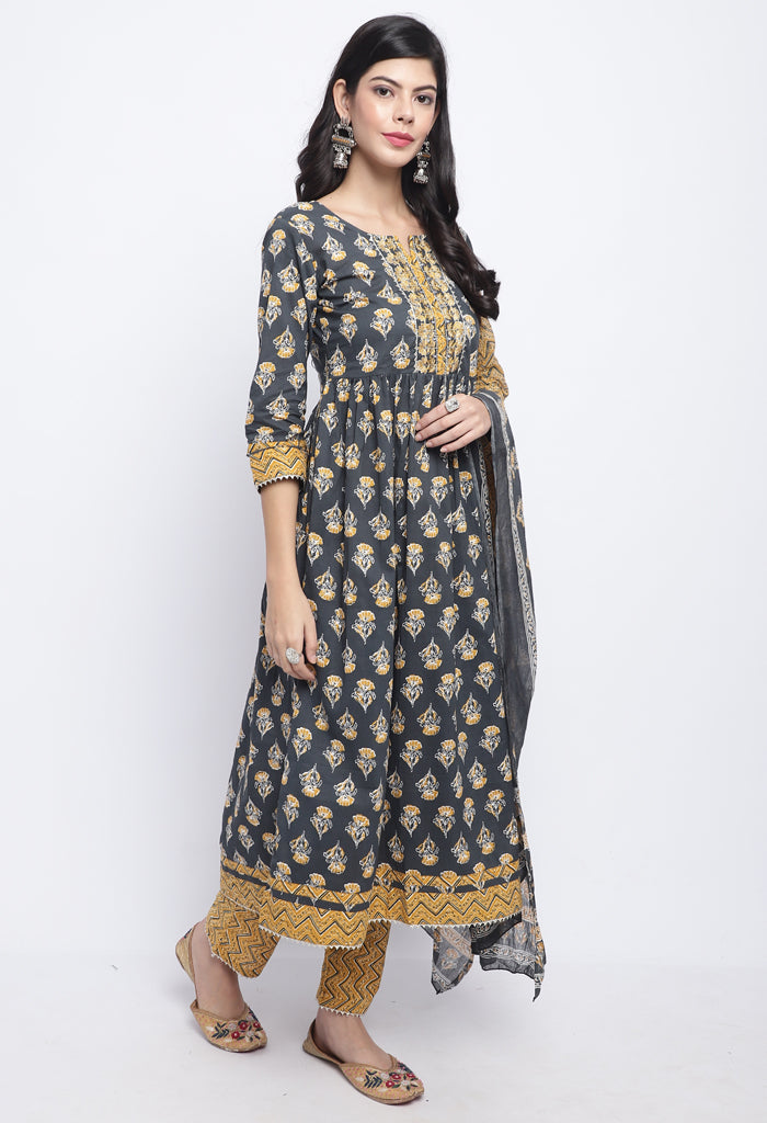 Grey & Mustard  Pure Cotton Jaipuri Printed And Embroidered Kurta Set With Dupatta