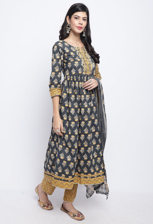 Grey & Mustard  Pure Cotton Jaipuri Printed And Embroidered Kurta Set With Dupatta