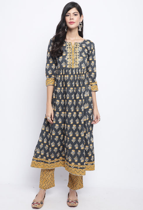 Grey & Mustard  Pure Cotton Jaipuri Printed And Embroidered Kurta Set With Dupatta